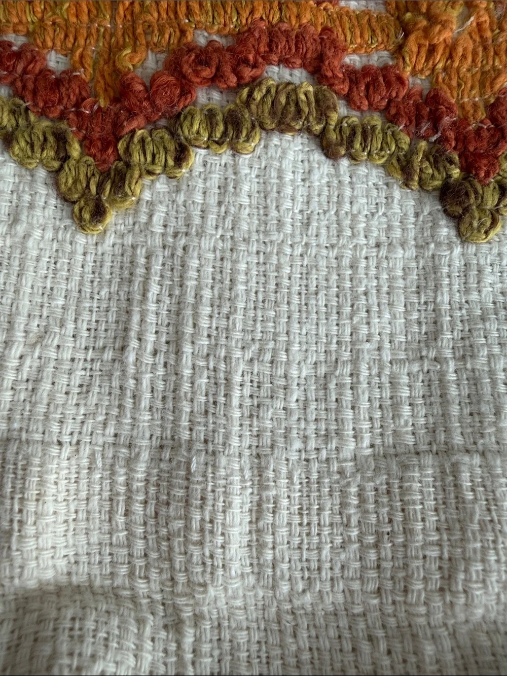1970’s Boho MCM Cafe Curtain Valances in Cream & Embroidered Oranges and Green